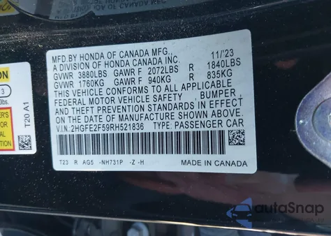 2024 Honda Civic Sport из США, поврежденный, VIN 2HGFE2F59RH521836